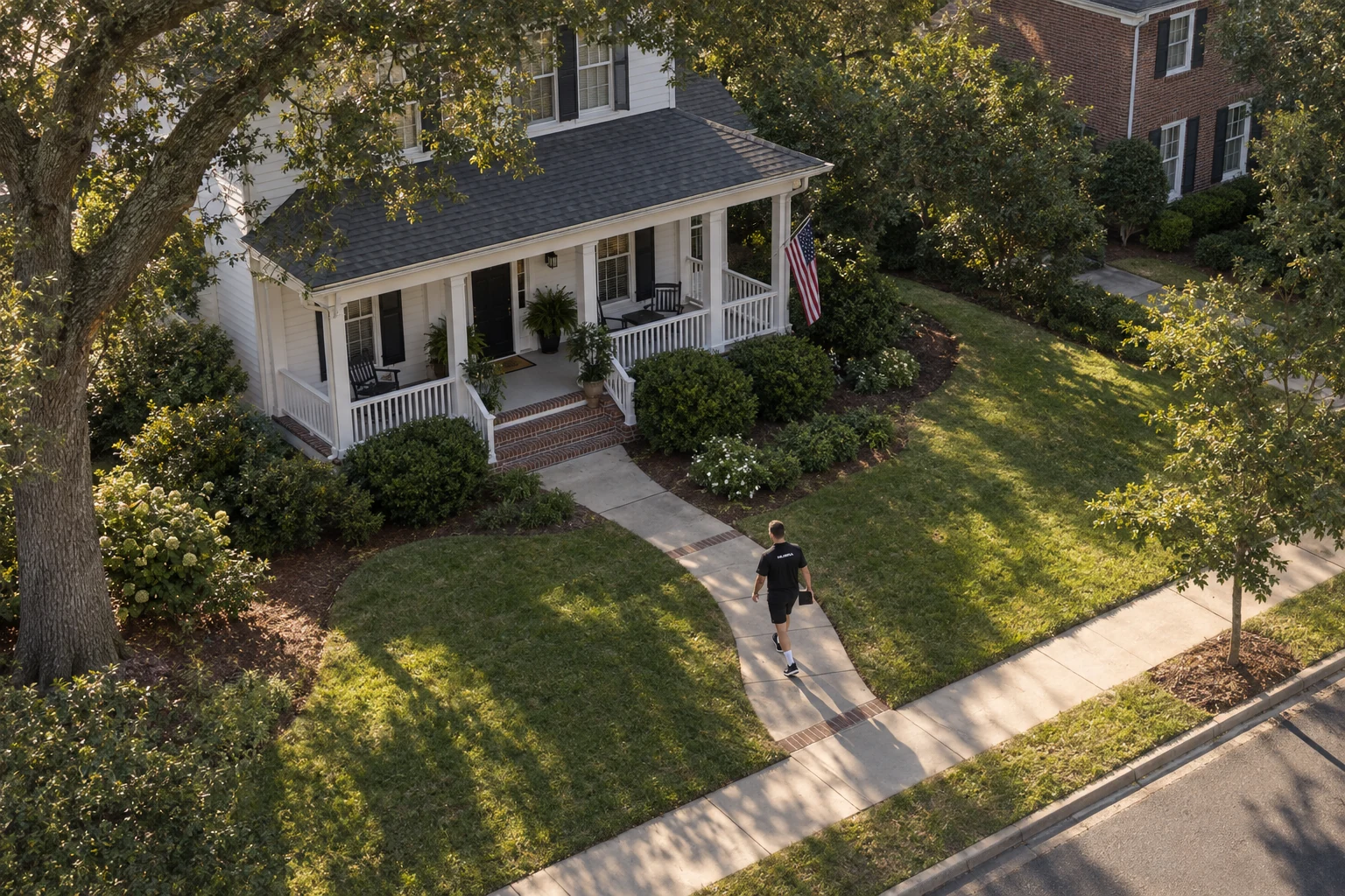 Aerial campaign photograph of a NUERA representative walking toward a white house in a tree-lined residential neighborhood.