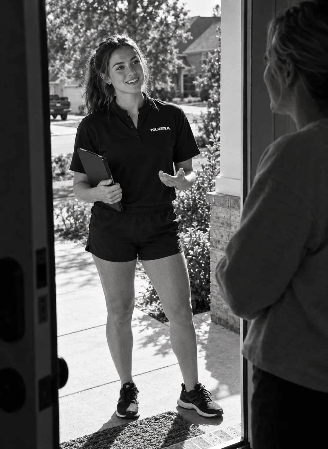 A woman in a NUERA field uniform speaking with a homeowner through an open doorway.